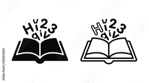 Open book icon with letters and numbers flying out set in solid and thin line vector style.