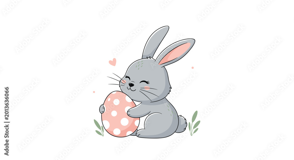 Fototapeta premium Adorable gray bunny rabbit character hugging a large pink Easter egg with white polka dots for spring holiday celebration greeting cards.