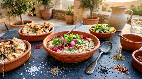Rural Farm to Table Outdoor Feast With Harvested Vegetables Handmade Bread and Terracotta Bowls on Stone Surface Earthy