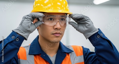 A young Asian man carefully puts on safety glasses over his yellow hard hat. He wears gray gloves and a blue and orange striped work uniform.