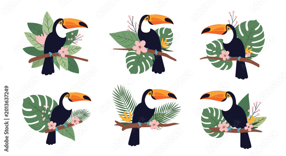 Obraz premium Collection of toucan birds perched on branches with tropical flowers and large green leaves in various compositions.