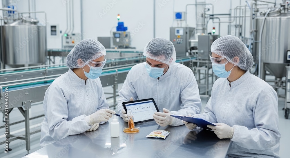 Fototapeta premium Three scientists in white lab coats and masks examine a tablet while reviewing documents at a stainless steel table in a modern pharmaceutical manufacturing facility.