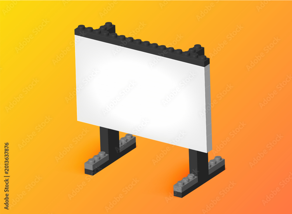 Fototapeta premium Billboard concept made by colored Lego plastic blocks isolated on orange background. Presentation board. Lego 3D blocks. 3D rendered editorial vector illustration