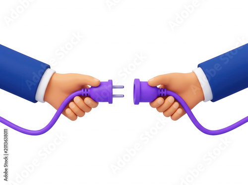 3d illustration of two hands in business suits holding a purple electrical plug and socket, concept of connection, partnership, and collaboration isolated on transparent background