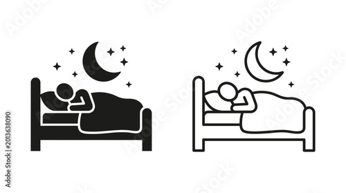 Person sleeping in bed under starry night sky moon vector illustration.