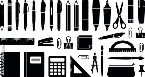 Vector school supplies illustration with pencils, scissors, ruler, and calculator on white background