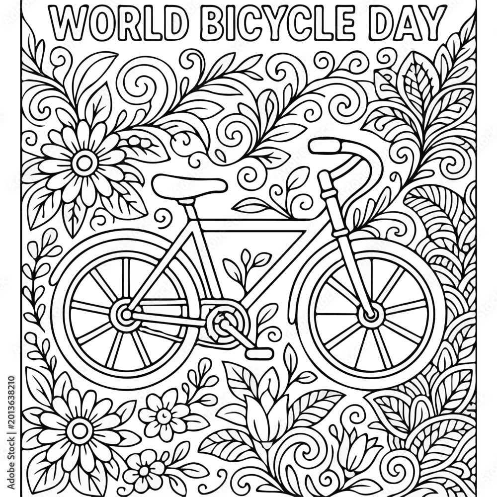 Fototapeta premium Intricate black and white line art coloring page featuring a bicycle surrounded by decorative floral patterns for creative artistic fun