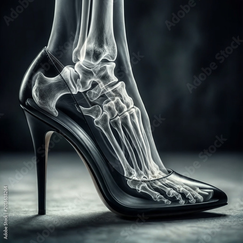 This image presents a striking, high-contrast view of a foot in a black stiletto heel, where the shoe's translucent material reveals the underlying skeletal structure in an X-ray style. The compositio