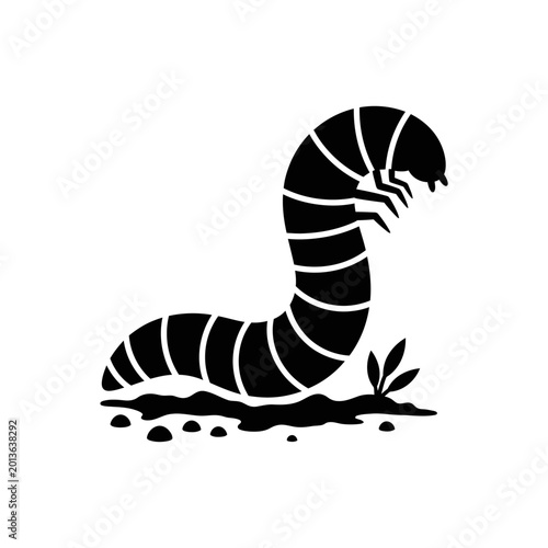 Konstfotografi Black silhouette of a caterpillar crawling on the ground with small plants