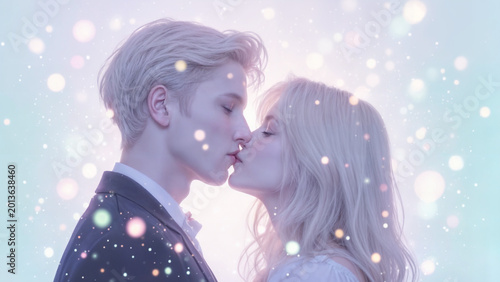 A romantic, softly lit portrait captures a young couple in a tender kiss, their eyes closed as they lean in. The scene is bathed in a dreamy, pastel blue and pink glow, enhanced by floating bokeh ligh