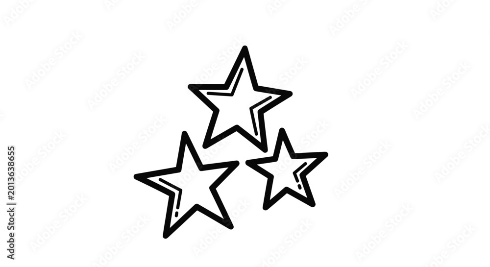 Obraz premium Simple black and white line art showing three five-pointed stars grouped together with small decorative lines isolated on a white background.
