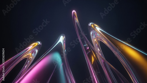 Futuristic 3D abstract glass curves with iridescent light, glowing liquid chrome waves on black background, modern metallic fluid art