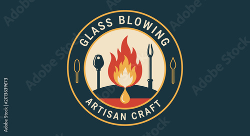 Photos Glass Blowing Artisan Craft Emblem with Flame and Tools