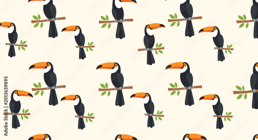 Fototapeta premium Seamless pattern of colorful toucan birds perched on branches with green leaves repeating on a light cream background.