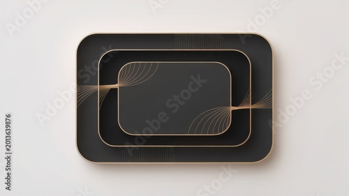 Minimalist black geometric frame with gold light trails, elegant dark rectangular border on white background, luxury corporate presentation backdrop