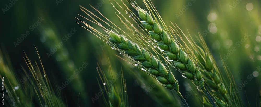 Fototapeta premium Dew-covered wheat stalks glisten in morning light with a lush agricultural field backdrop.