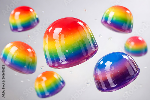 Floating rainbow pudding balls captured in dynamic motion emphasizing playful culinary creativity and colorful dessert innovation