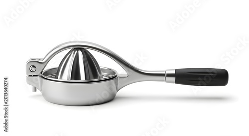 Fruit Juicer Hand Press With Metal Handle And Squeeze Mechanism On White Solid Background, Representing Fresh Juice Preparation, Healthy Living, and Functional Kitchenware