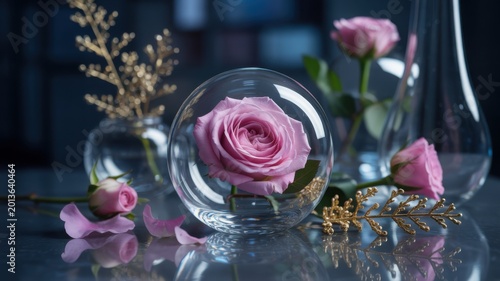 Elegant pink rose in glass sphere, luxury floral arrangement with crystal vases, moody botanical still life for interior decor and wedding design
