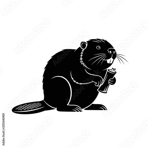 Quadro su tela Cute Black Beaver Holding a Branch, Cartoon Style