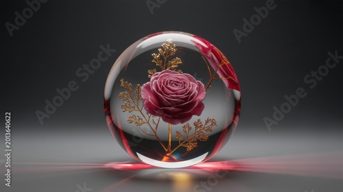 Elegant glass sphere with pink rose flower, crystal ball containing botanical floral elements, luxury decorative glass orb on dark background