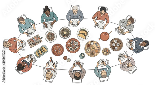 Top view of a diverse group of people sharing an international meal at a communal table.