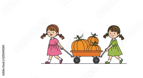 Bilde på lerret Two little girls pulling pumpkin cart.