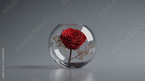 Red rose in glass bowl, elegant single flower in round glass vase, minimalist floral arrangement on grey background, romantic botanical decor