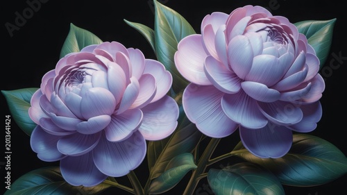 Elegant purple peony flowers on black background, soft pastel floral blossoms with green leaves, artistic botanical still life photography
