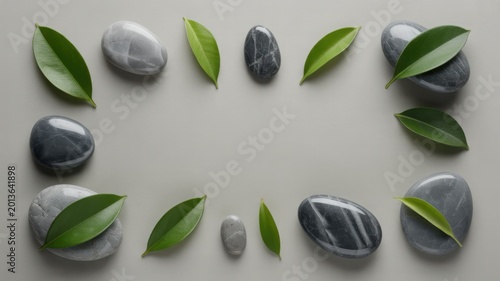 Zen spa background with smooth grey stones and green leaves, minimalist wellness frame on neutral surface, tranquil nature composition for beauty salon