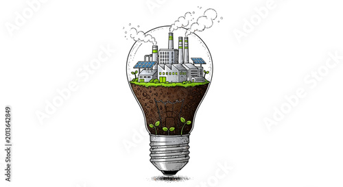 Fotografia Industrial factories within a lightbulb with solar panels and smoke, depicting e
