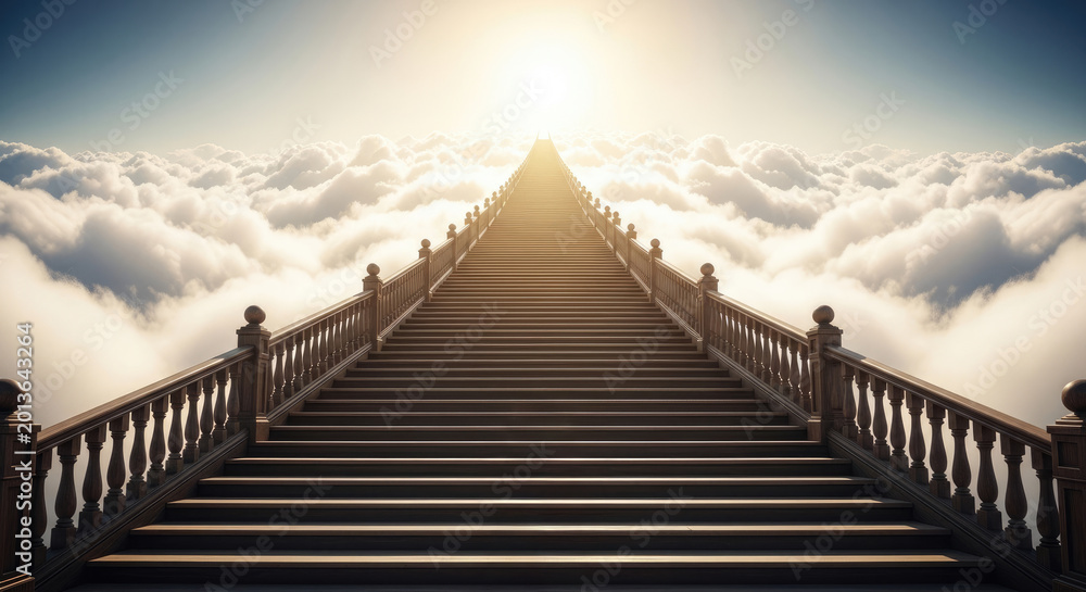 Fototapeta premium A majestic stone staircase ascends towards a radiant sun, framed by a vast expanse of fluffy clouds.