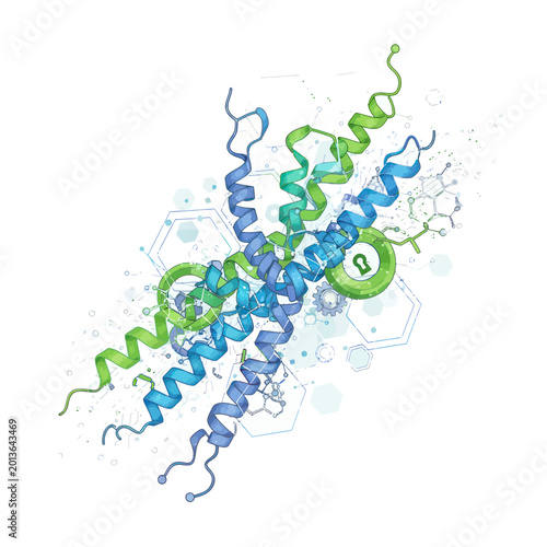 Foto Protein structure with colorful spiral chains.