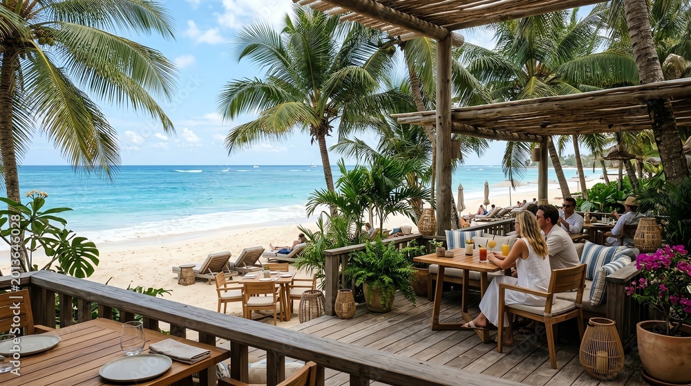Fototapeta premium Beachfront Dining at Tropical Resort Offers Ocean View