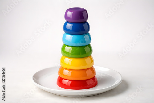 Rainbow pudding balls layered vertically forming elegant dessert tower emphasizing balance color harmony and premium culinary styling