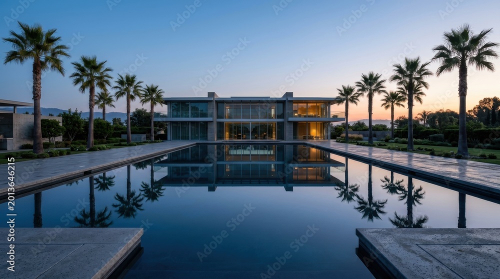 Fototapeta premium Luxury modern mansion with a long pool reflecting the sunset sky and palm trees.