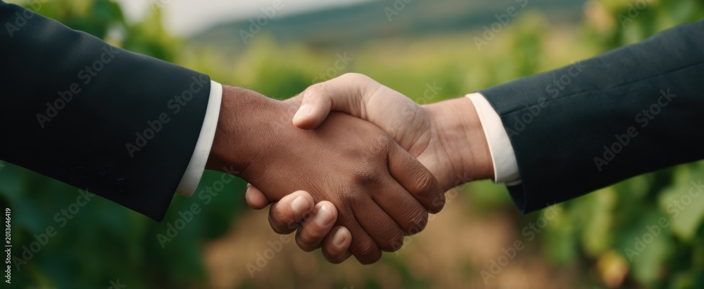 Obraz premium Corporate handshake in a vineyard symbolizes collaboration in eco-friendly wine industry development.