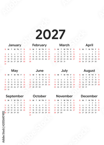 A clean and minimalist annual calendar for the year 2027 featuring a classic grid layout with Sundays and Saturdays highlighted in red for clarity.