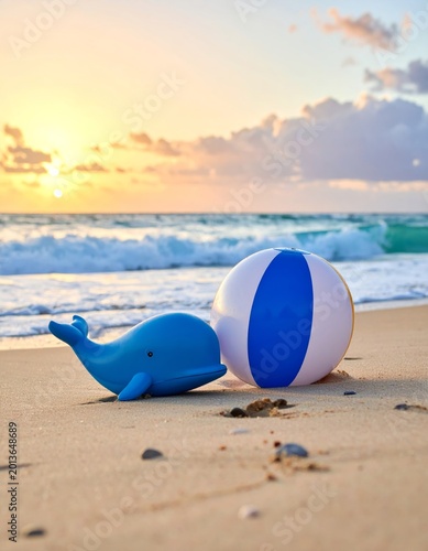A colorful beach ball rests on the tropical sand near the ocean waves during a sunny summer vacation holiday on the coast