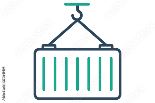 Container icon. Logistic icon of a large intermodal shipping container being lifted by a crane hook, representing heavy freight, maritime transport, and global trade