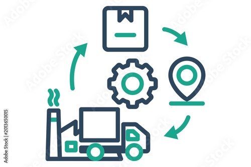 Supply chain icon. Complex icon showing a factory, truck, parcel, and location pin linked by circular arrows, representing the end-to-end supply chain management process