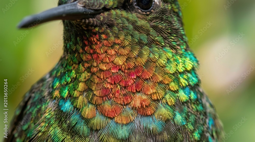 Naklejka premium Close-up of a vibrant hummingbird showcasing iridescent feathers and intricate details, natures artistry.