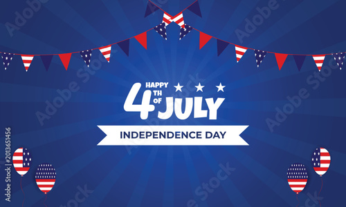 Fourth of July patriotic bunting flags on blue stripe background