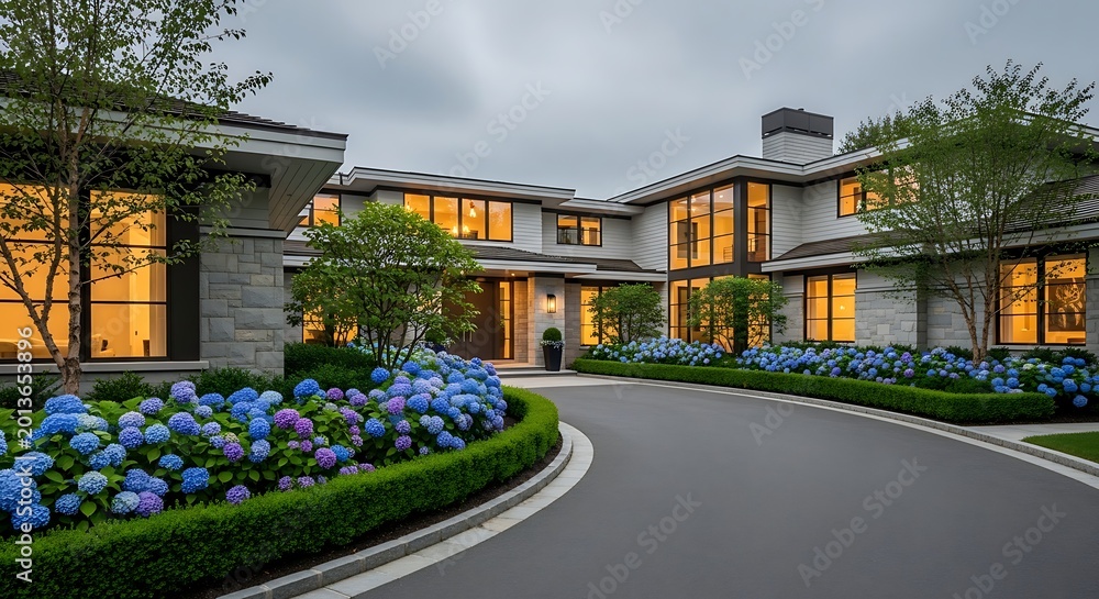 Fototapeta premium Luxury modern house with blue flowers and driveway
