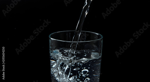 Water pouring into a glass with bubbles and splash against a black background