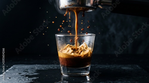 Close-up shot of espresso pouring into a glass cup filled with ice on a dark surface with cinematic lighting and a dramatic mood.