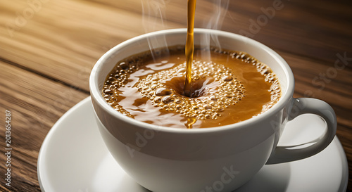 Steaming coffee stream filling a white cup, creating bubbles on a wooden table