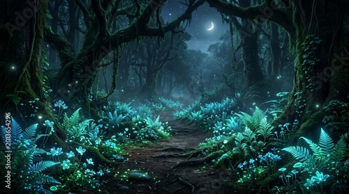 Mystical moonlit forest path with glowing blue plants and trees in a dark, eerie atmosphere with a sense of mystery and wonder.