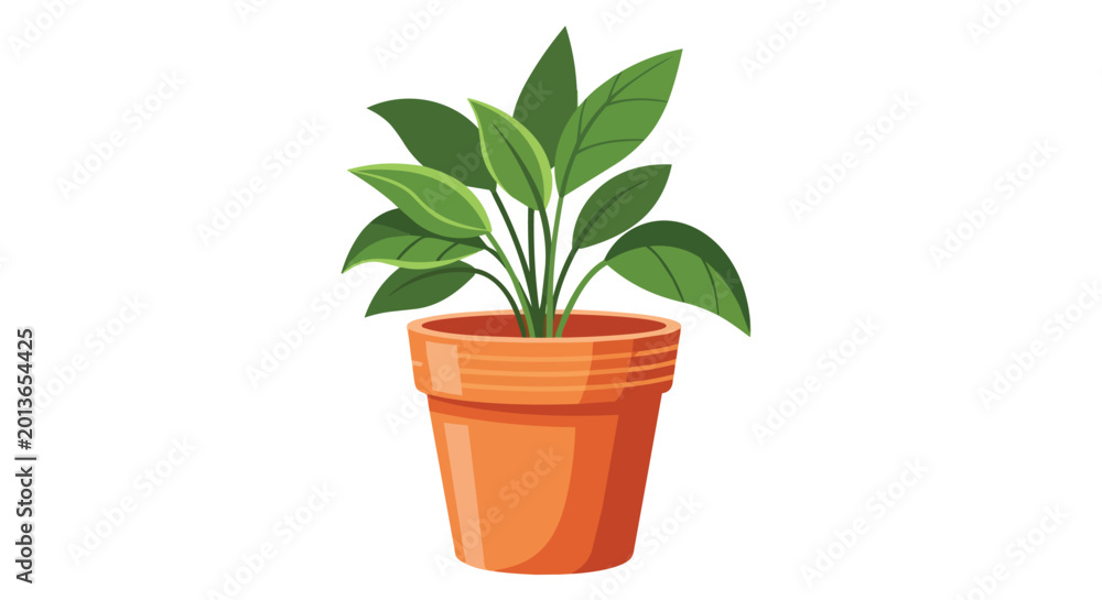 Fototapeta premium Lush Green Houseplant in Terracotta Clay Pot Illustration Isolated on White Background