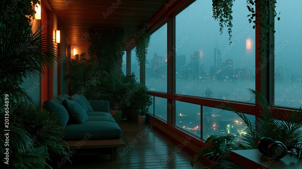 Obraz premium Plant filled balcony lounge overlooking rainy urban skyline